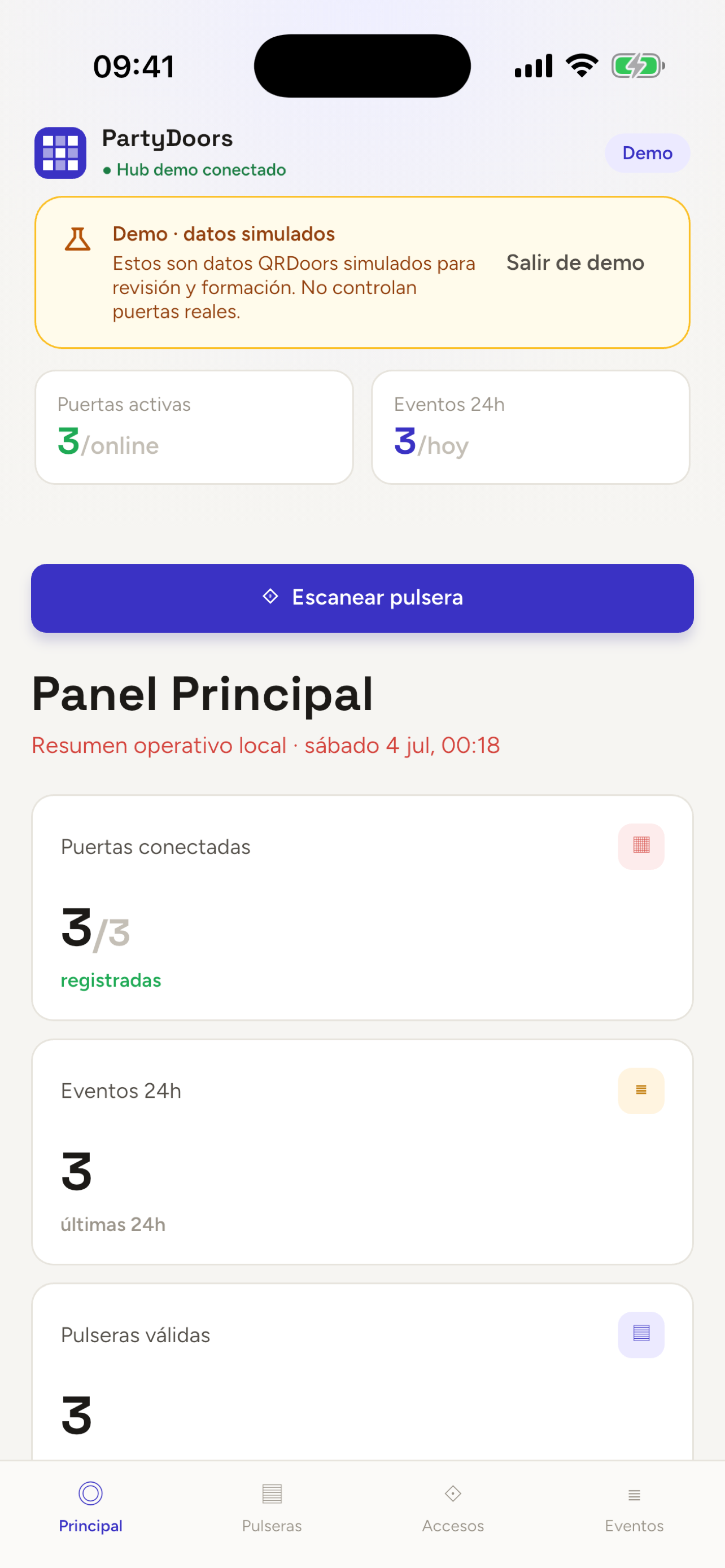Panel principal de la app PartyDoors
