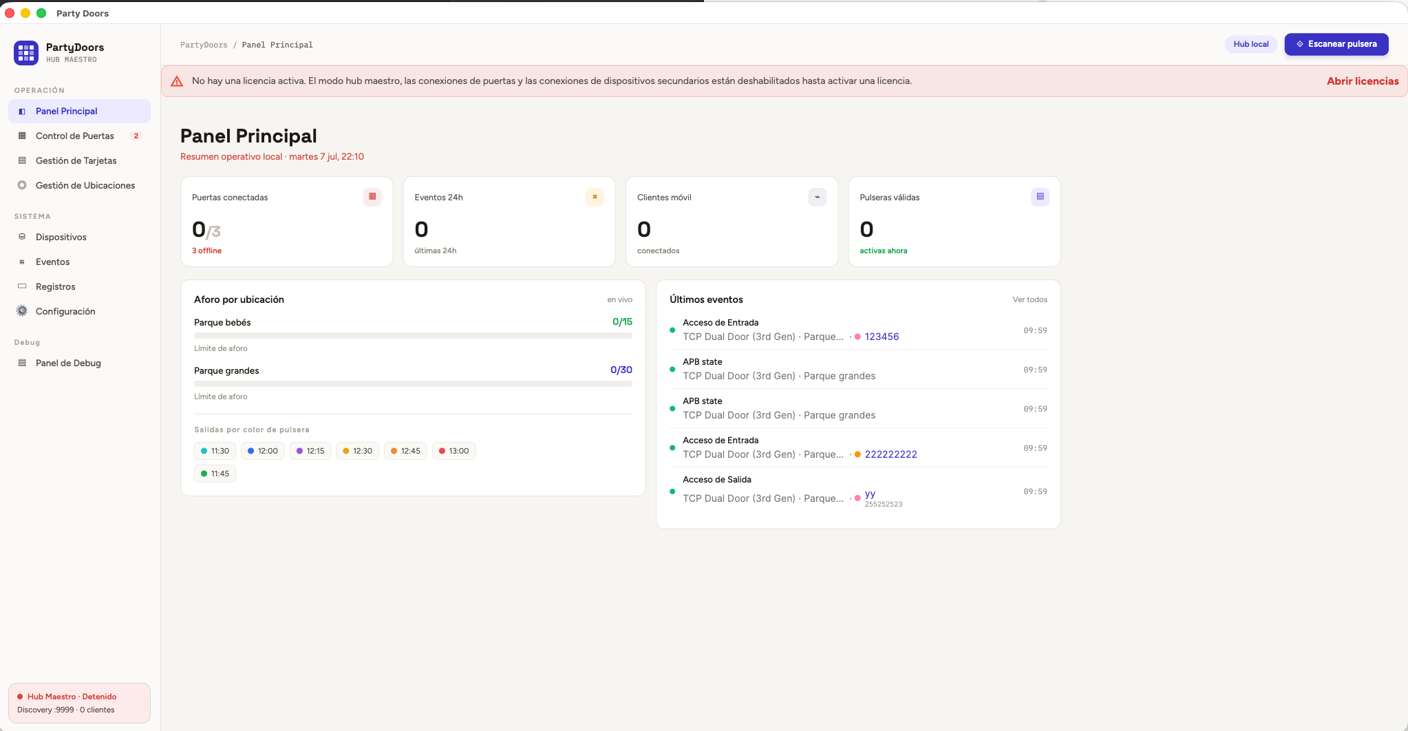 Panel de escritorio PartyDoors — hub maestro